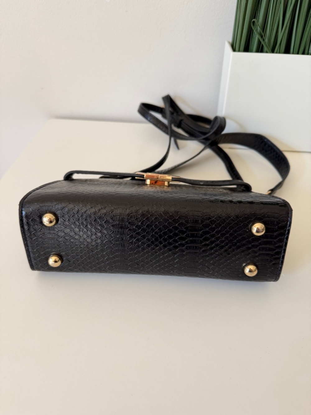 Black Faux-Snakeskin Crossbody Bag with Gold Hardware - Picture 7 of 7